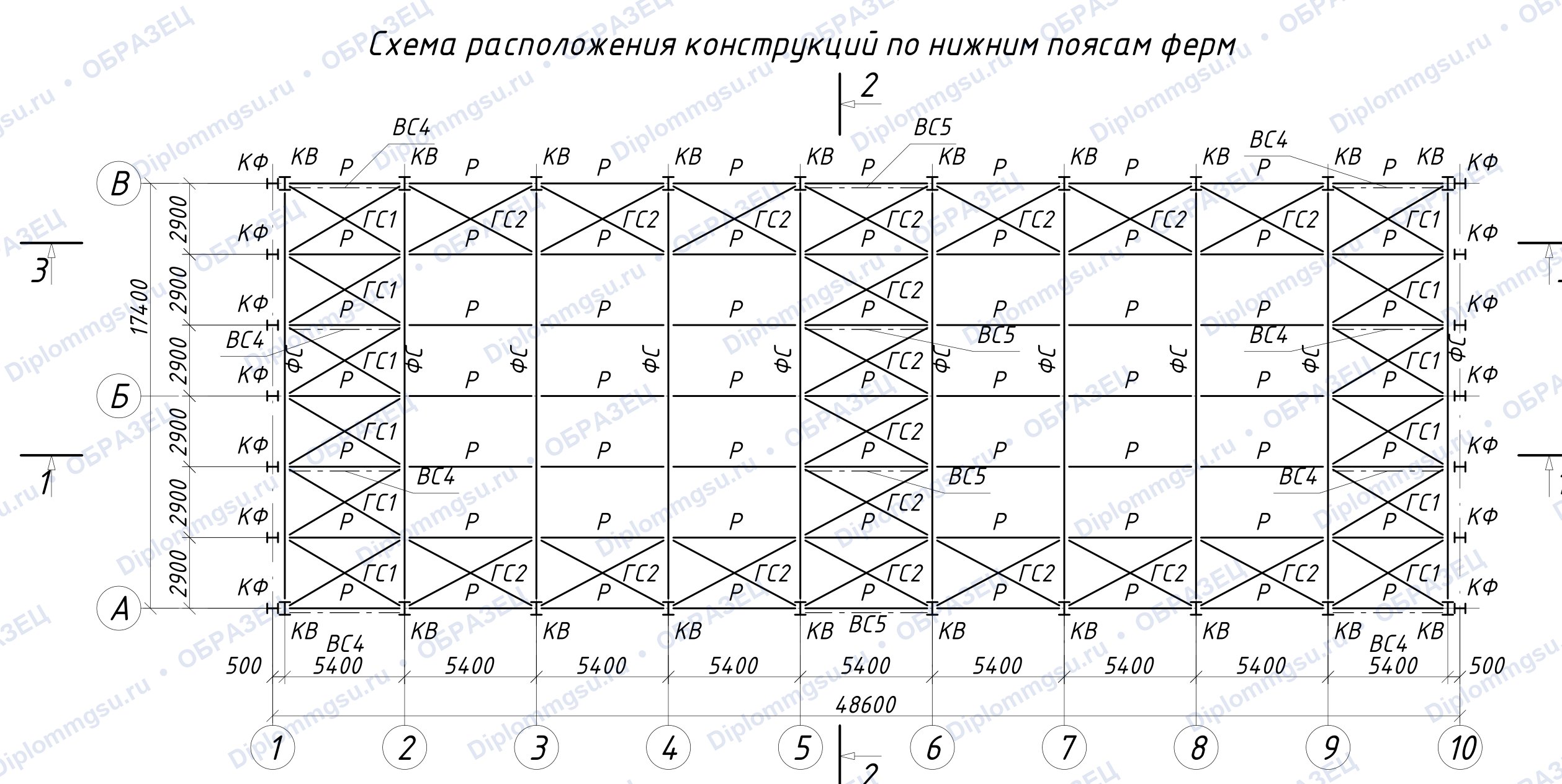 Схема расположения конструкций по нижним поясам ферм
